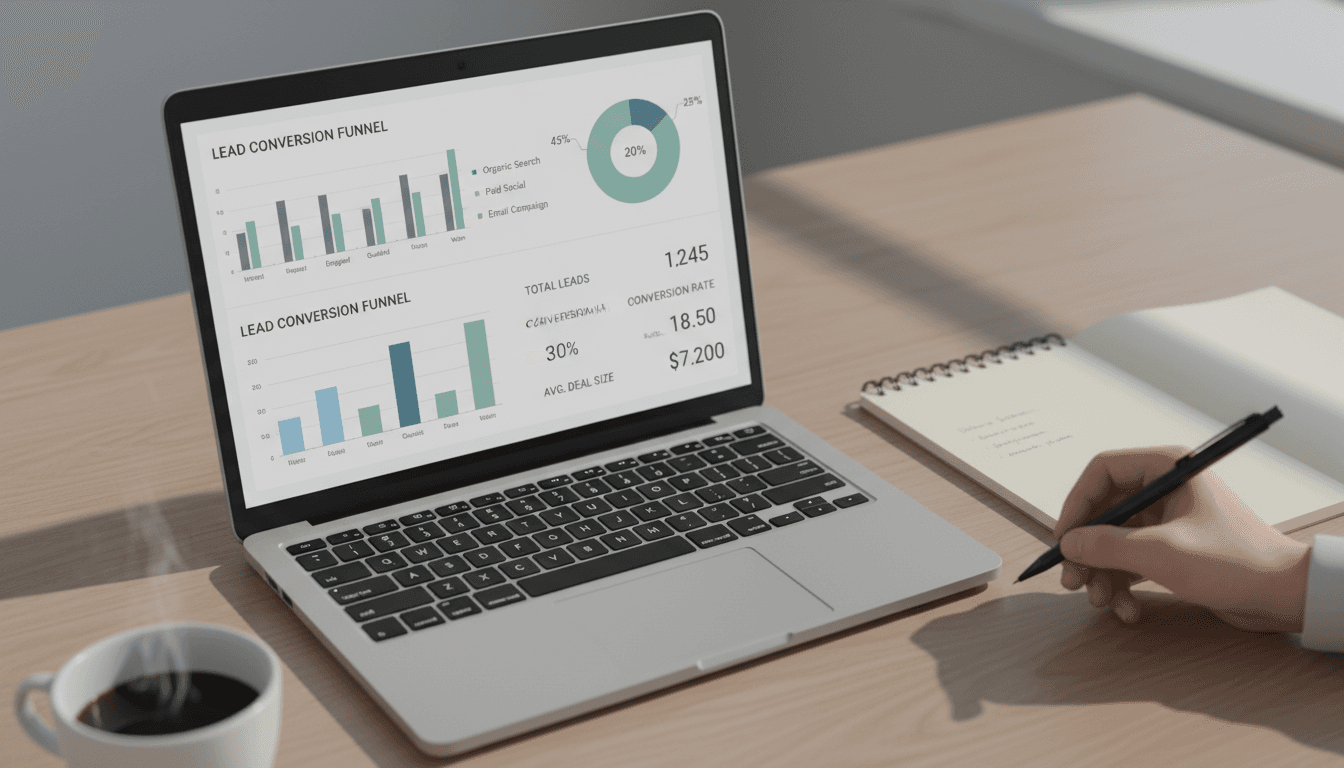B2B lead generation analytics dashboard displayed on laptop with conversion metrics visible