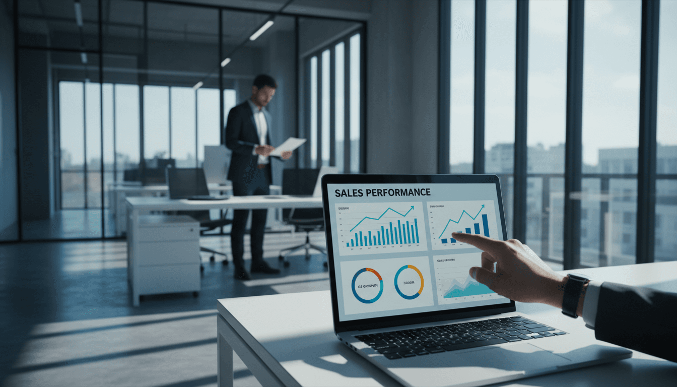 Professional B2B sales team reviewing analytics and lead generation data on a modern office desk