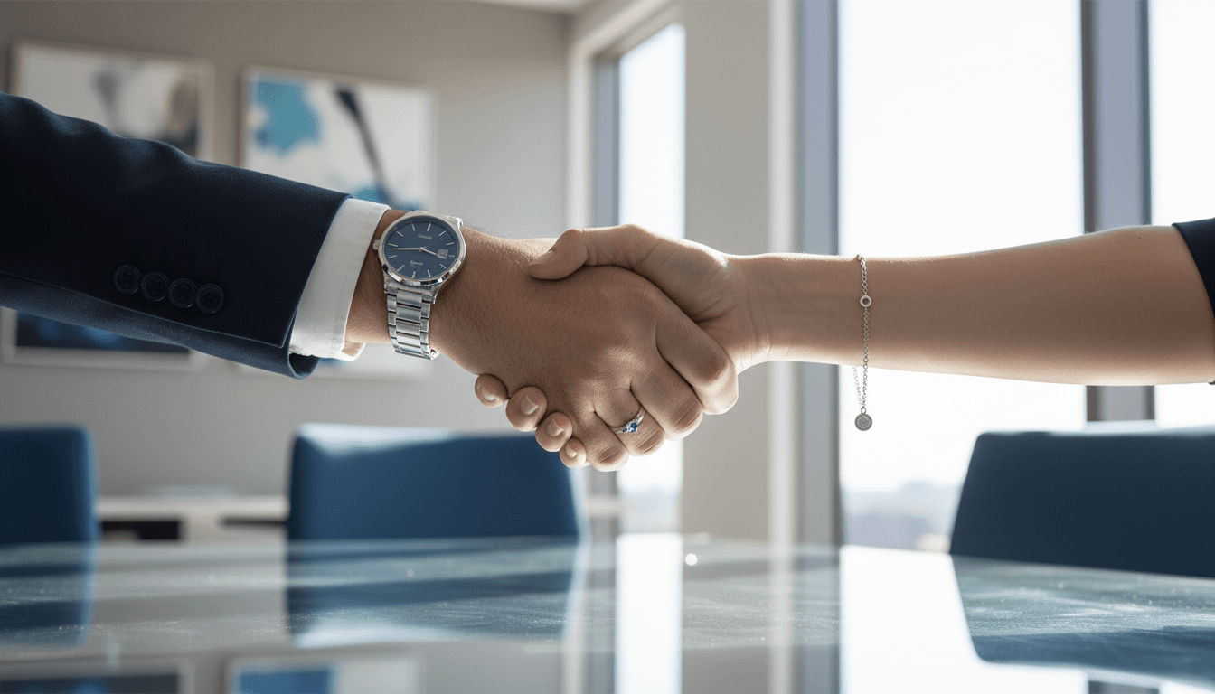 Professional handshake between business partners in modern office setting